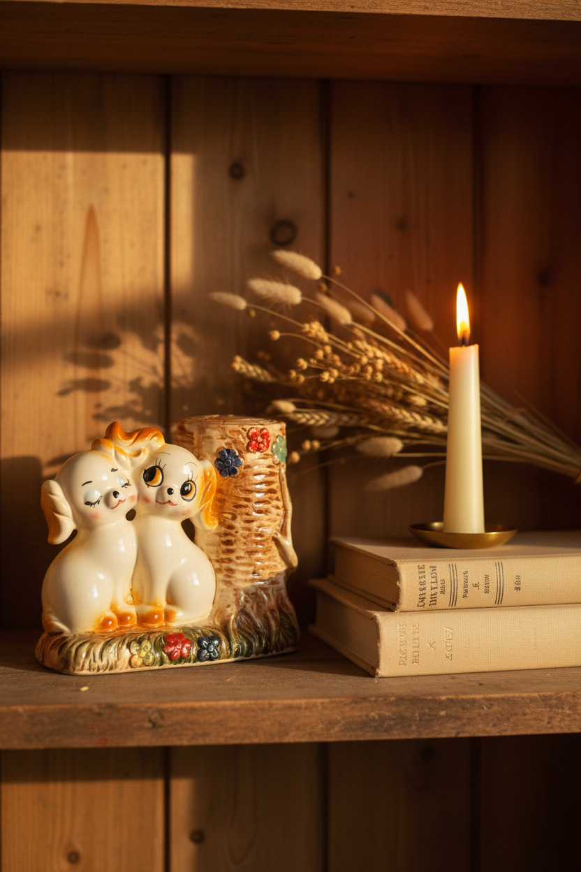 Vintage Japanese porcelain puppy coin bank styled on a rustic wooden shelf with dried botanicals and candle