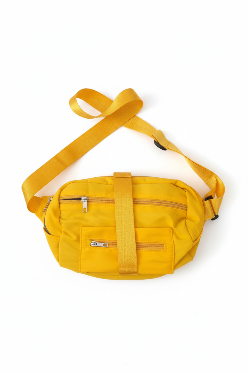 Sunshine yellow nylon crossbody belt bag on white background