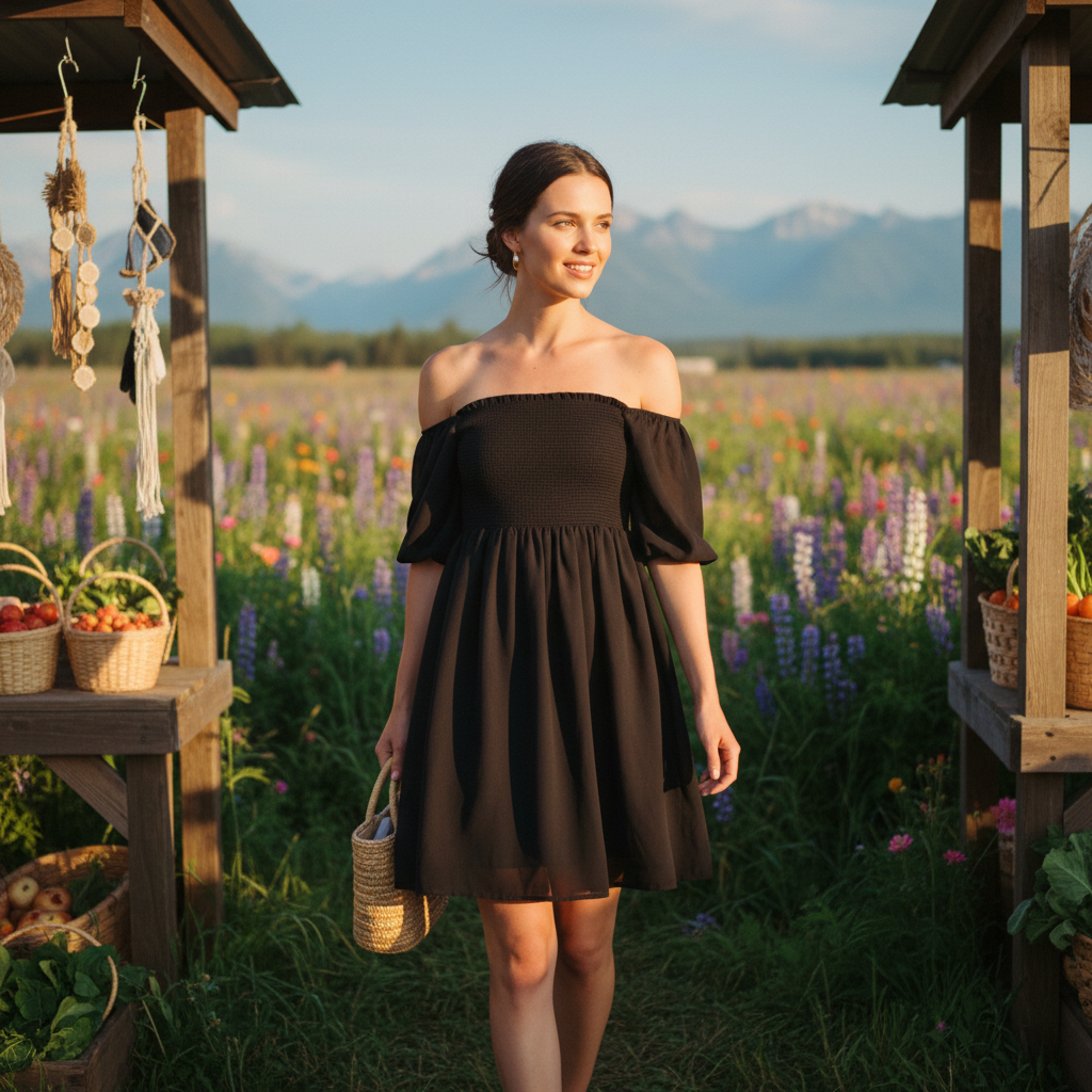 Dusk Spell Off-Shoulder Smocked Puff Sleeve Mini Dress — Black