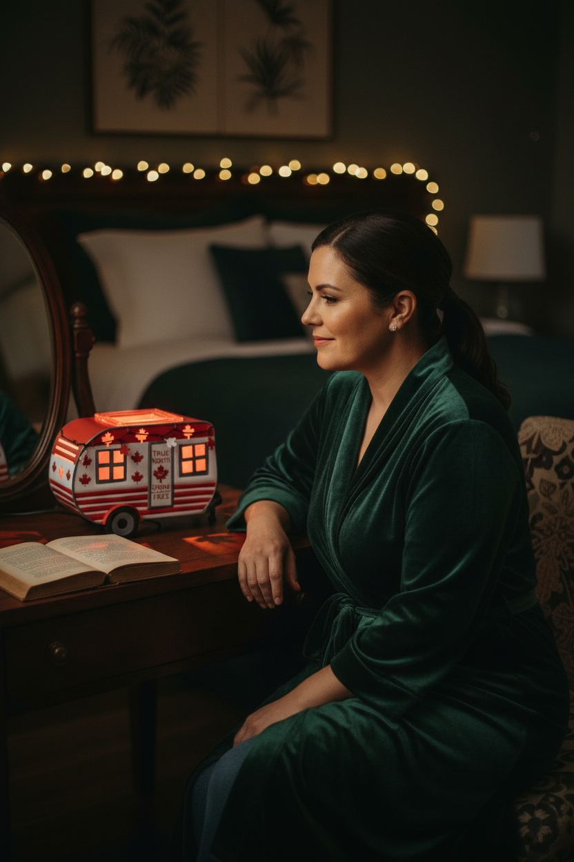 Model lifestyle image - velvet robe editorial with Canadian Strong Scentsy Warmer