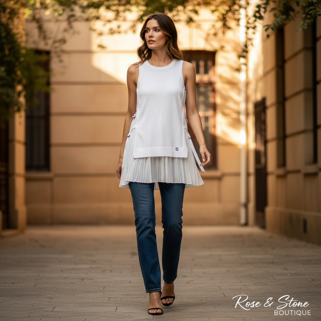 RUDSAK optic white lace-up knit top styled casually with dark denim, golden hour urban setting