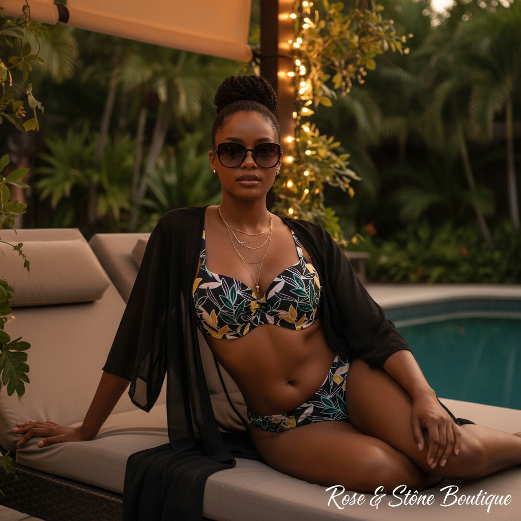 Model wearing black tropical leaf print underwire bikini top with sheer kimono at poolside cabana at dusk