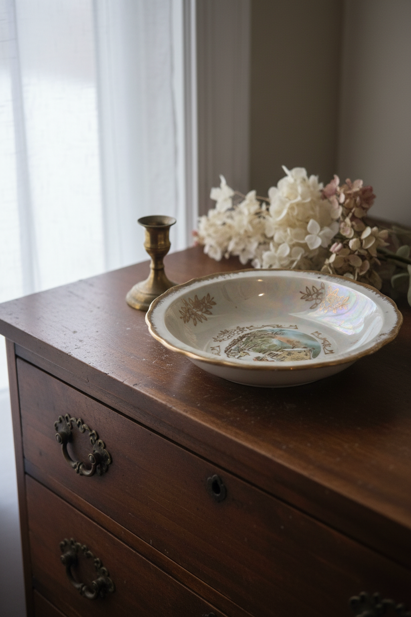 Vintage Japanese lusterware basin bowl styled on a wooden dresser with dried florals and candlelight