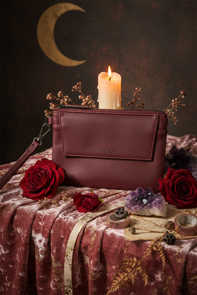 Matt & Nat burgundy wristlet clutch styled in moody boutique setting with roses and crystals
