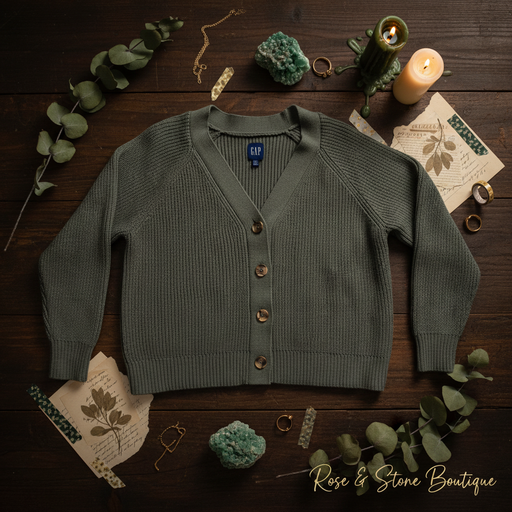 GAP Sage Green Ribbed Cotton-Wool Button Cardigan