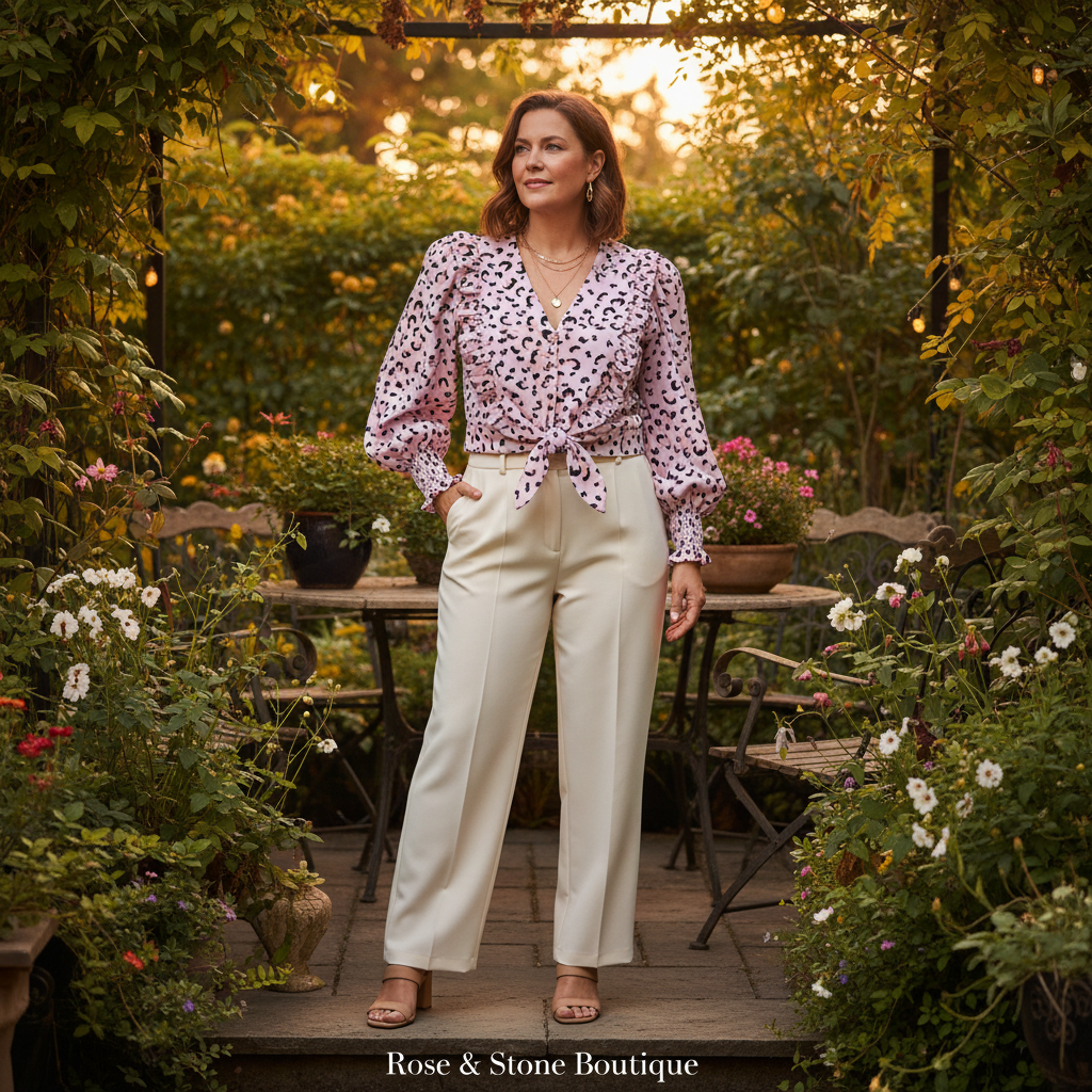 Model in her 40s wearing The Wild Bloom Blouse in an Alberta garden - 1:1