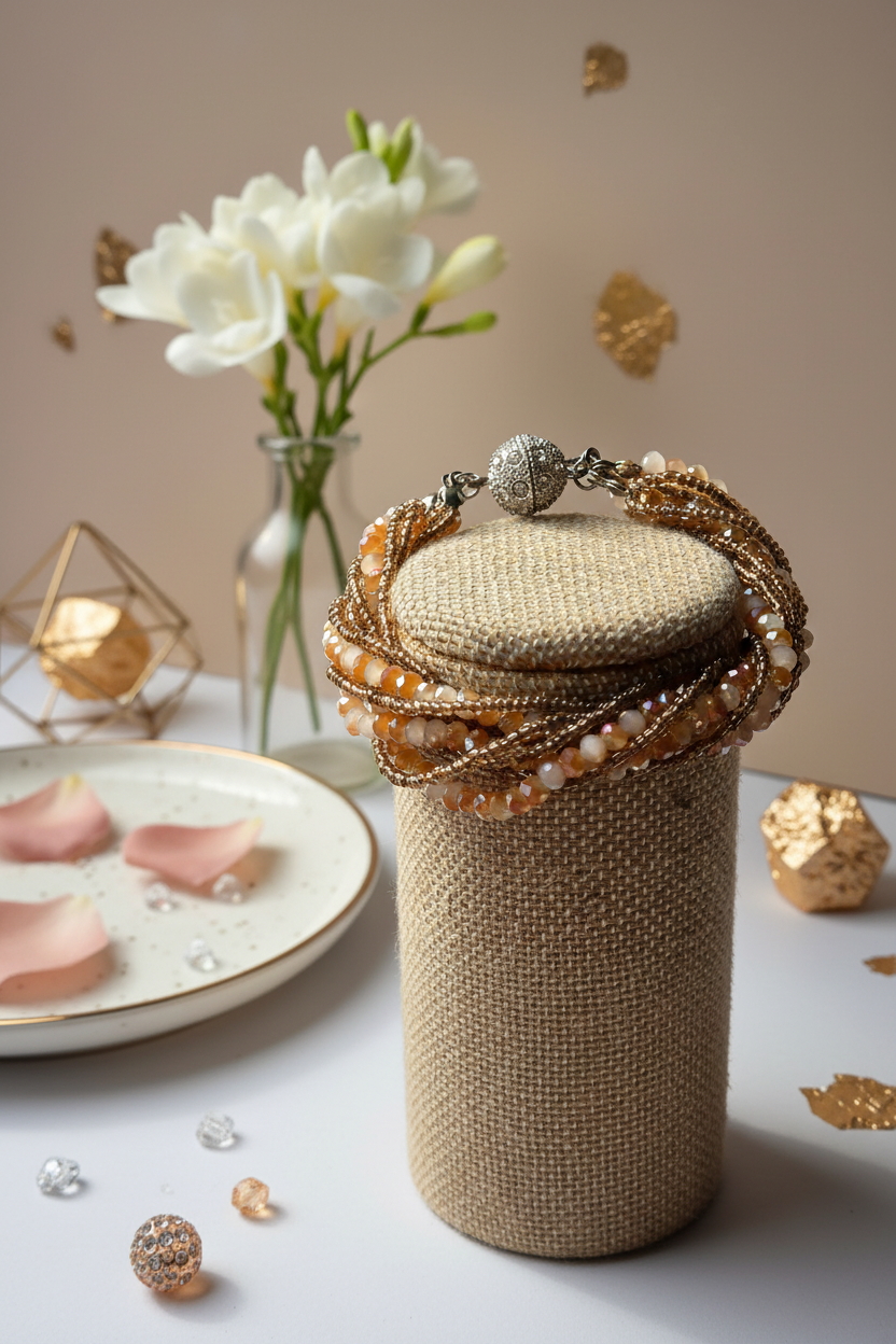 Multi-strand twisted crystal and gold bead bracelet on linen stand with flowers