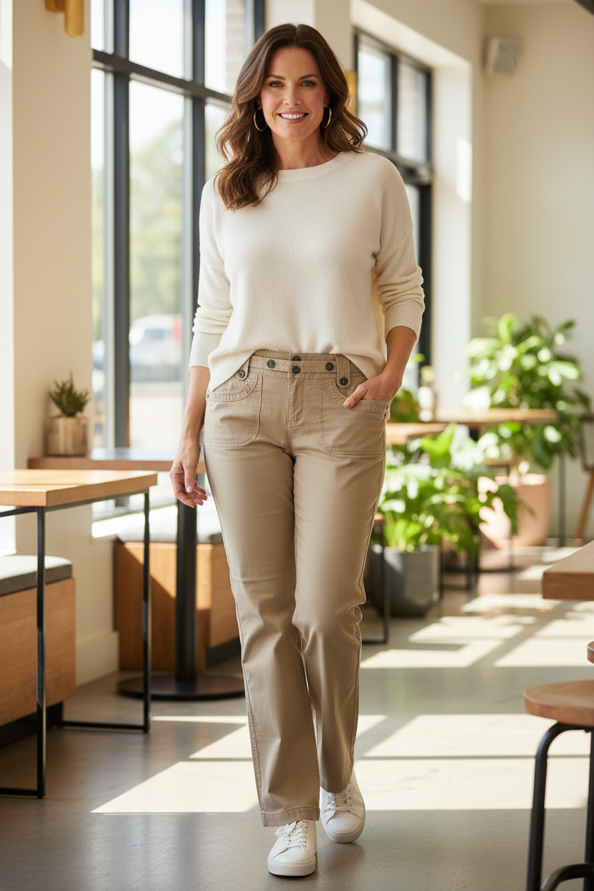 Size 13 model in her 40s wearing Cotton Ginny tan utility pants with belt in bright coffee shop