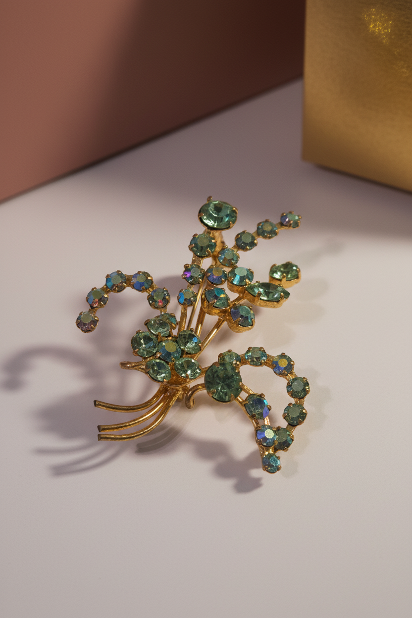 Vintage gold-tone floral spray brooch with aurora borealis aqua rhinestones, Rose & Stōne Boutique