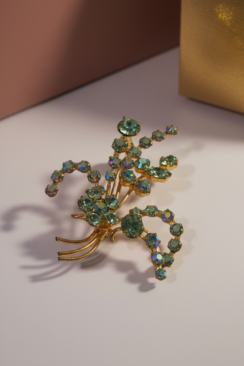 Vintage gold-tone floral spray brooch with aurora borealis aqua rhinestones, Rose & Stōne Boutique