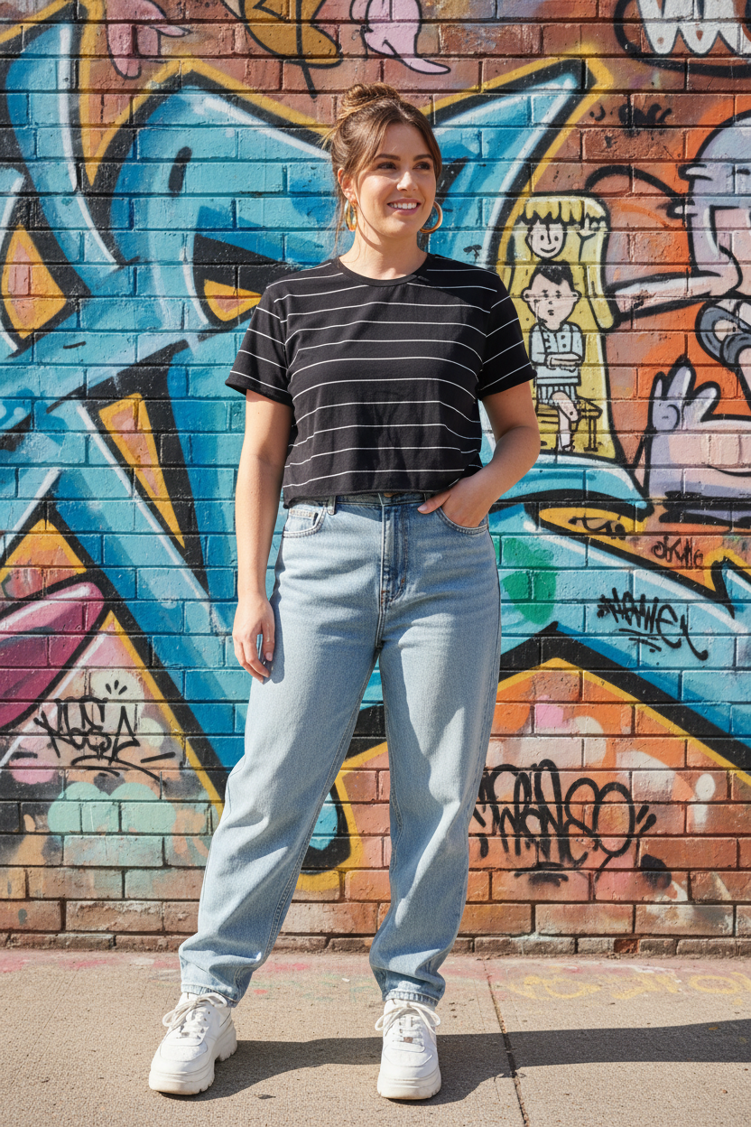 Size XL model in her 20s wearing Organic Generation black white striped crop tee on urban street
