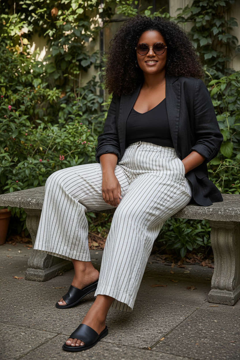 Garden courtyard styling — size 14 model in striped wide-leg pant with black blazer and leather slides