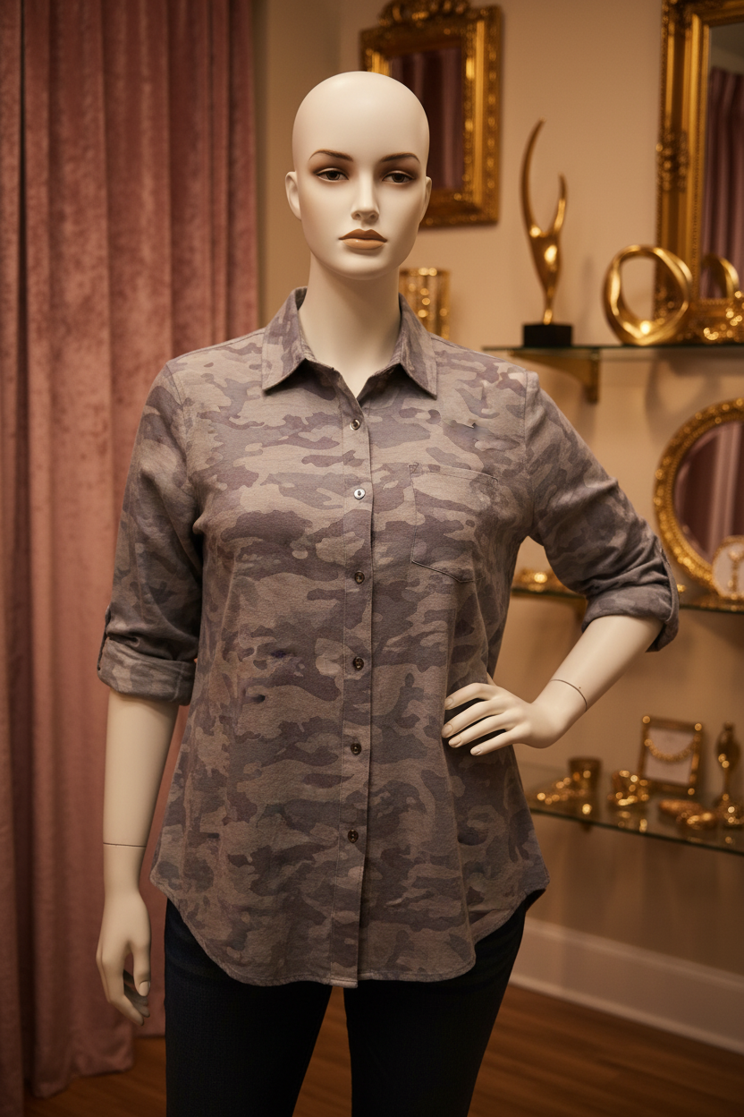 Ghost Camo Shirt — plus-size female mannequin, boutique setting