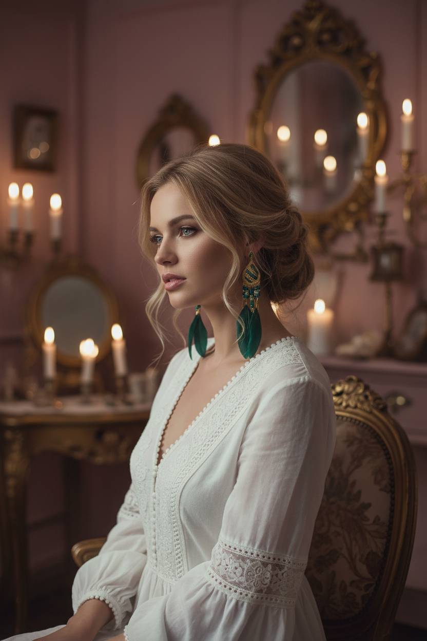 Model wearing small emerald feather drop earrings in moody boutique setting