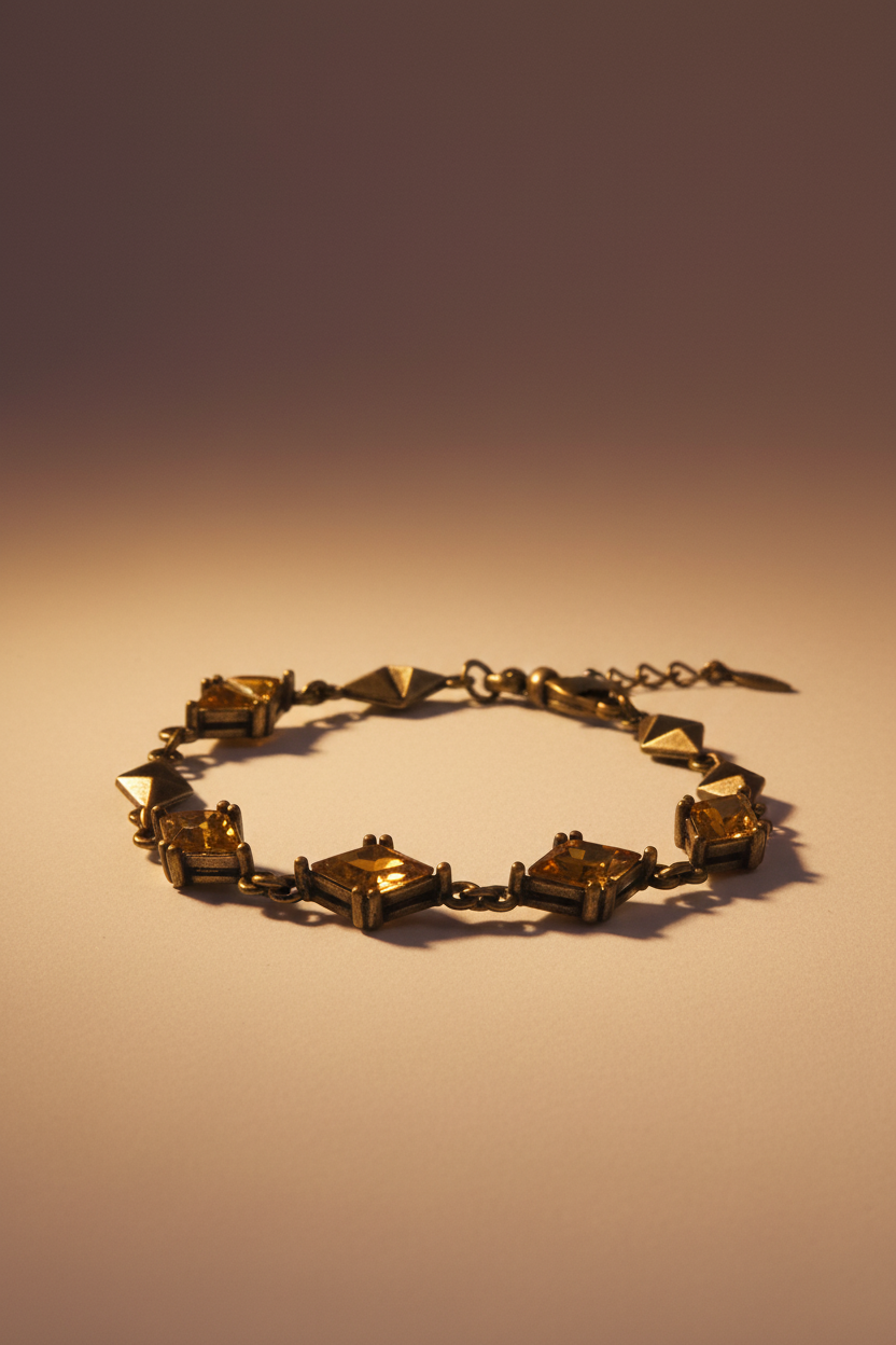 NRT signed antique brass pyramid link bracelet with citrine rhinestones, Rose & Stōne Boutique