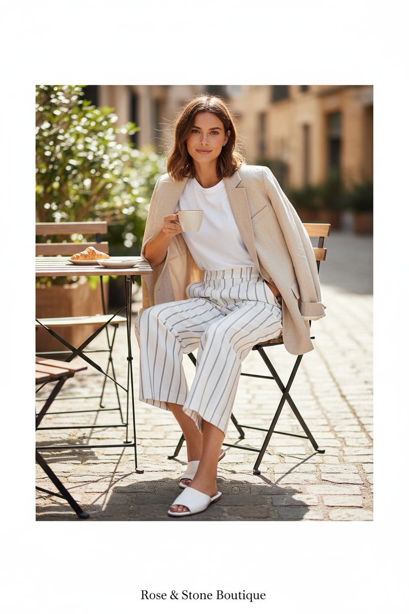 Model wearing white pinstripe wide-leg cropped pants with linen blazer at outdoor café
