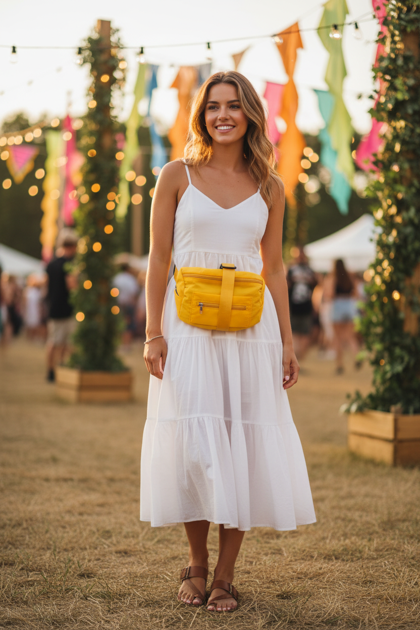 Model wearing yellow belt bag at summer festival