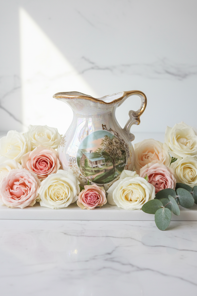 Vintage Japanese lusterware pitcher on bright marble surface with fresh garden roses and eucalyptus