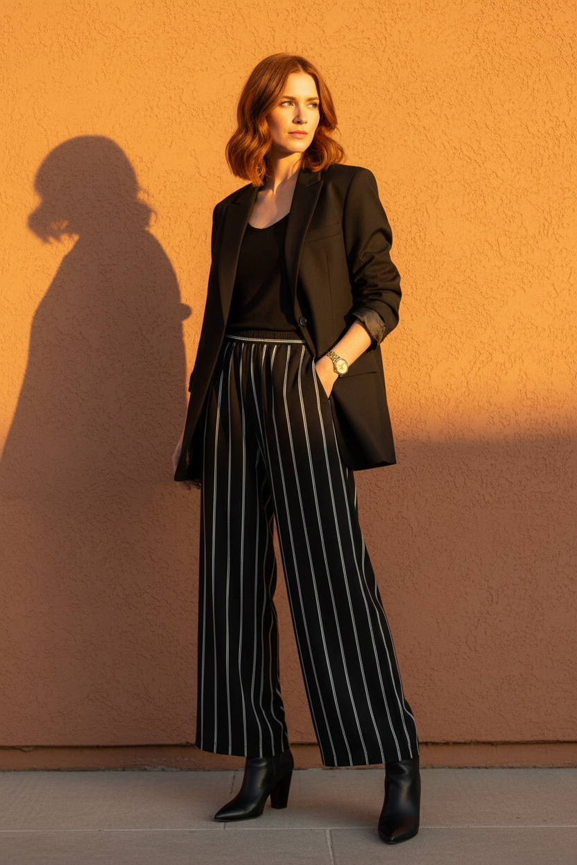 Midnight Lines — Contemporaine Pinstripe Wide-Leg Trouser