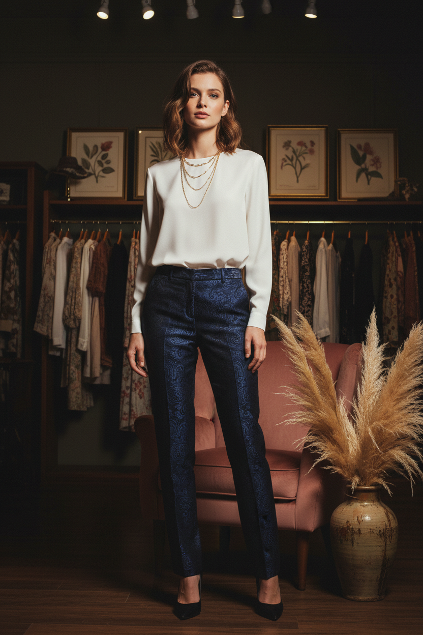 Size 6 petite model wearing navy jacquard trousers styled with white silk blouse in vintage boutique setting