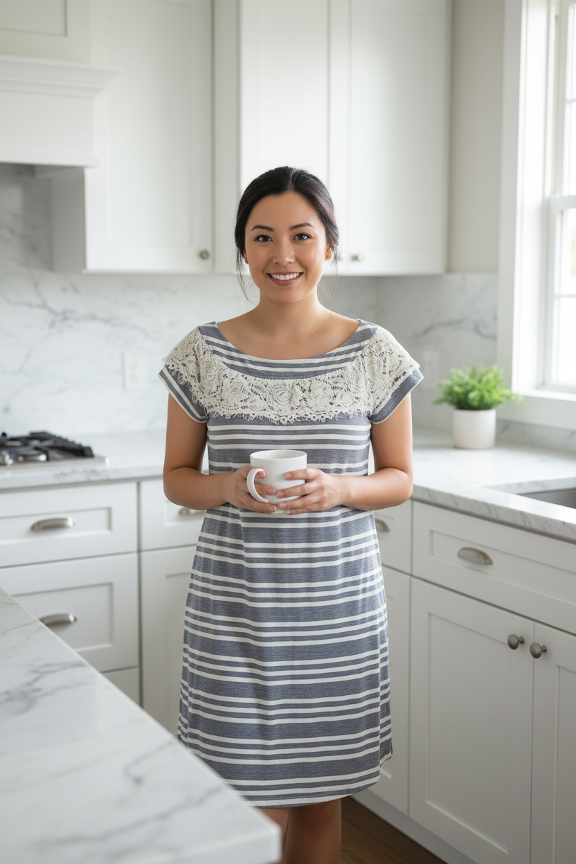 Small size model wearing Doe & Rae grey stripe lace tunic dress in bright kitchen with coffee