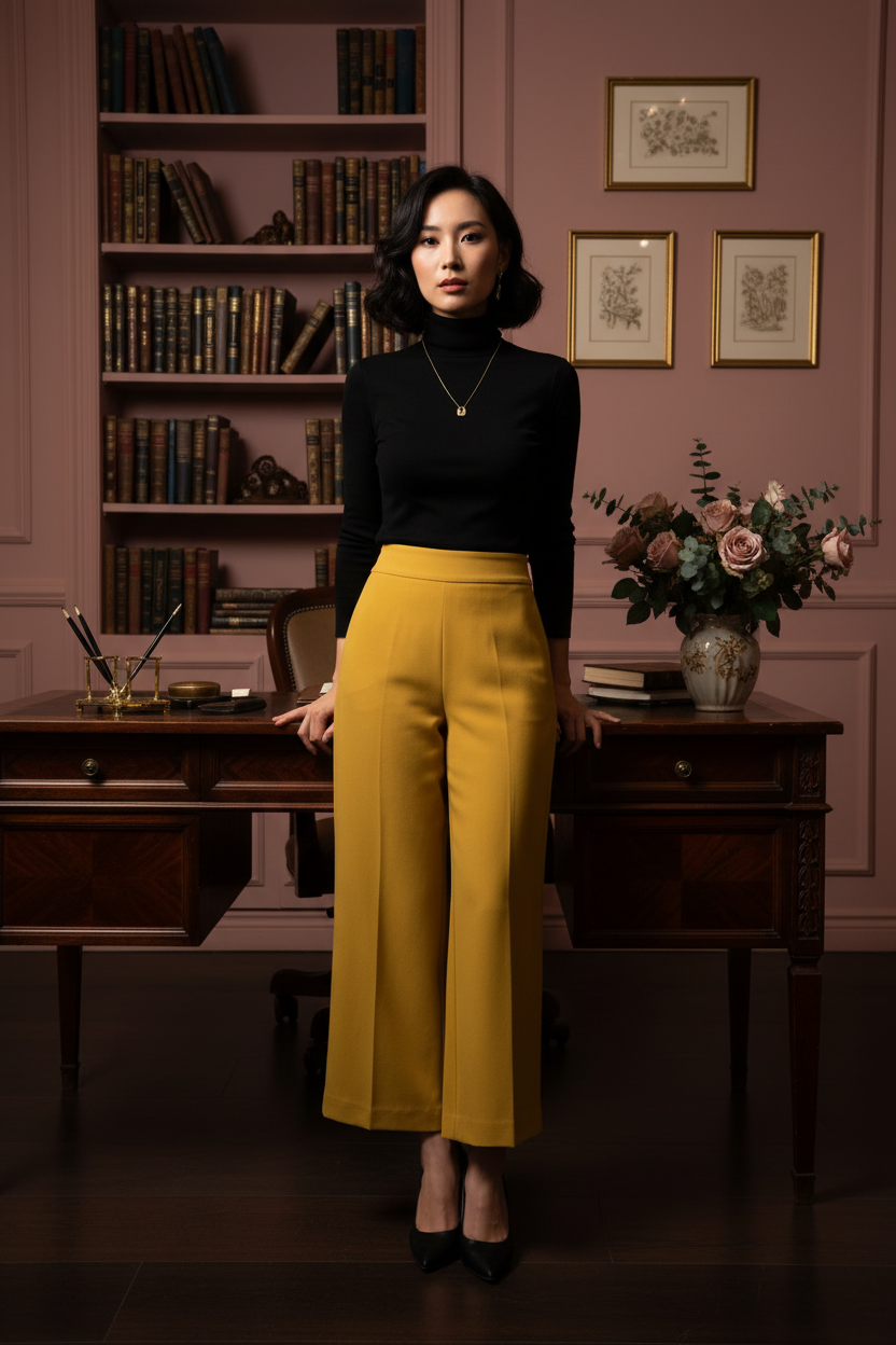 The Golden Hour Wide-Leg Trouser - office lifestyle editorial with black turtleneck