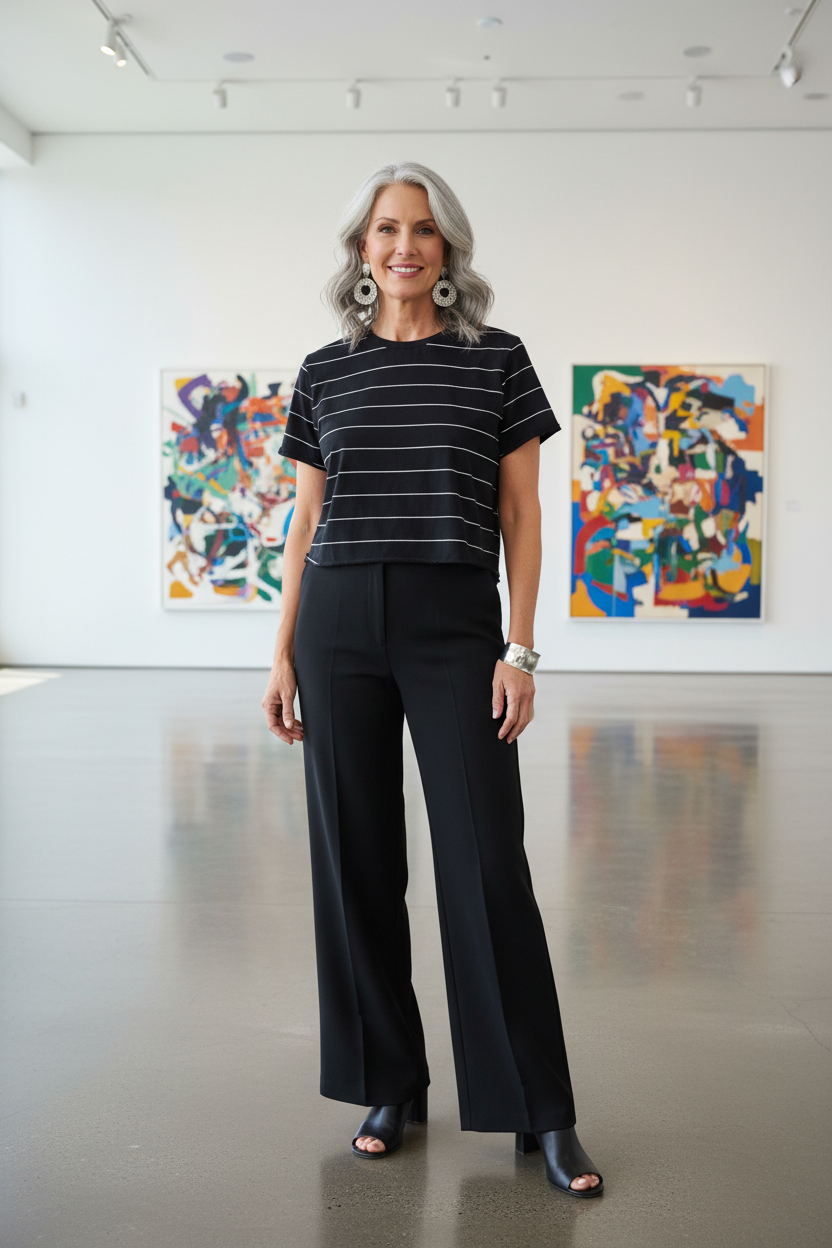 Size XL model in her 50s wearing Organic Generation black white striped crop tee at art gallery