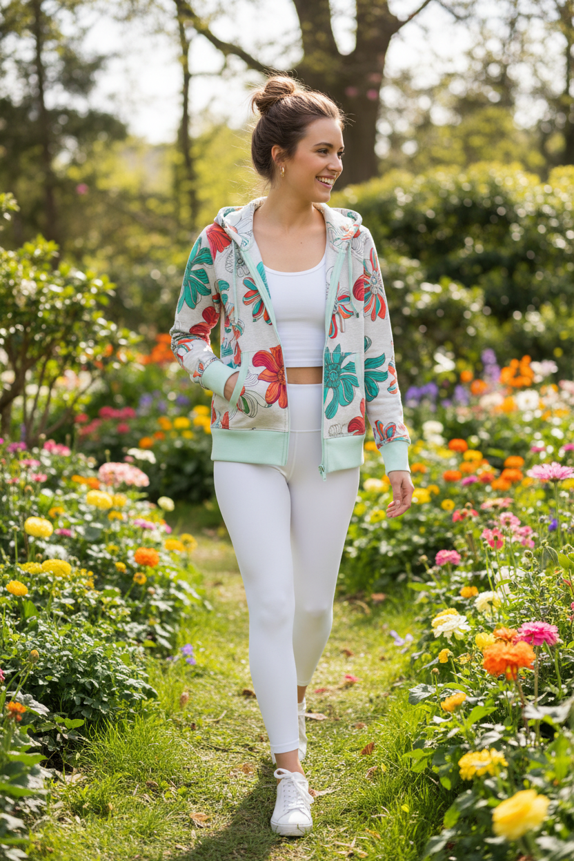 Size 10 model in her early 20s wearing Lululemon floral zip hoodie in botanical garden