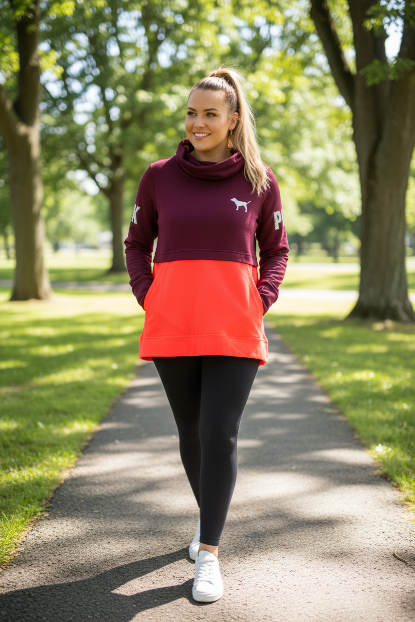 Size large model wearing VS PINK colour-block pullover on sunny park path