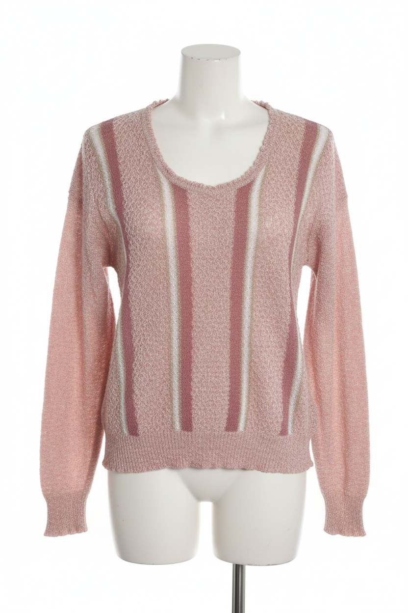Vintage blush pink metallic shimmer knit sweater on mannequin white background