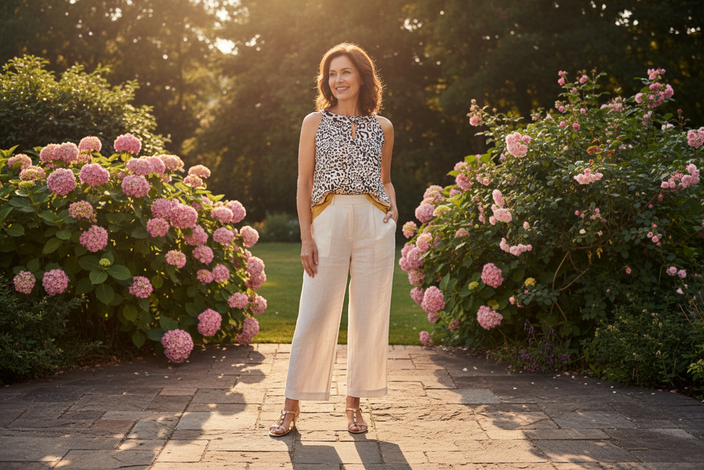 Petite model in her early 60s wearing the Wild Instinct Keyhole Top styled with wide-leg linen trousers and gold sandals in a sunlit garden