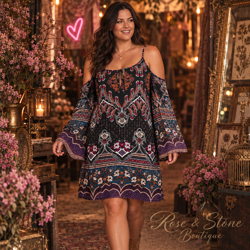 Venus size L boho medallion cold-shoulder mini dress with wrist-length flutter sleeves styled for market day