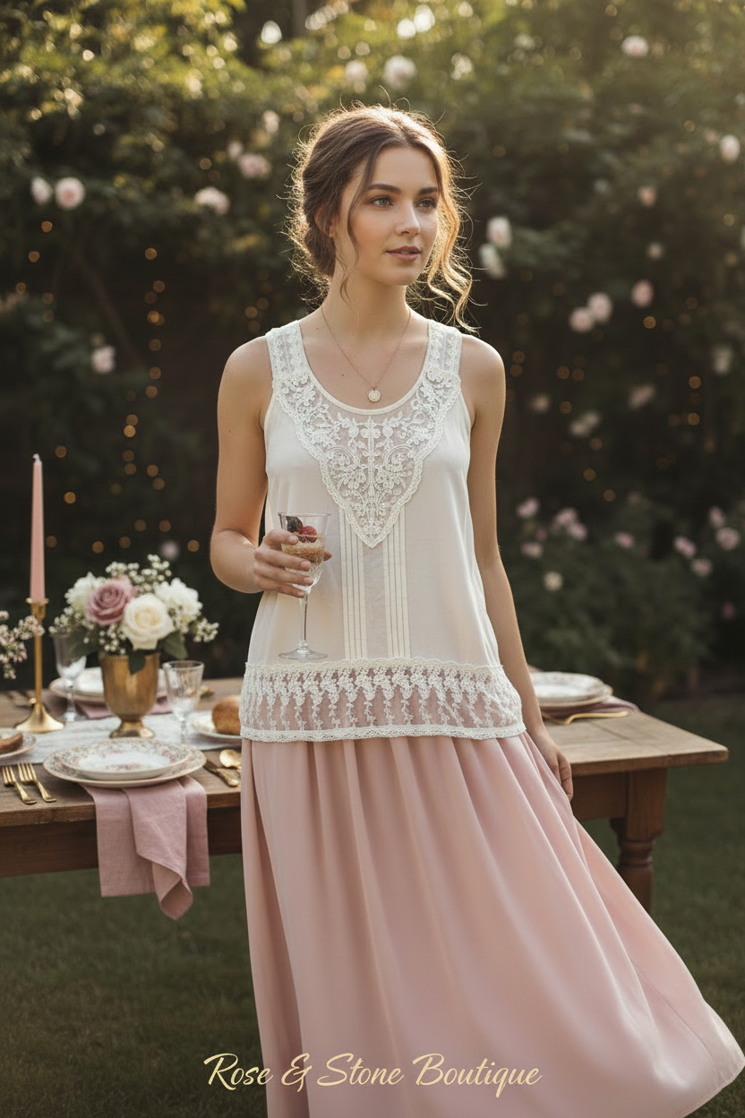 Kismet Ivory Heirloom Lace Tank — garden brunch lifestyle, model 20s