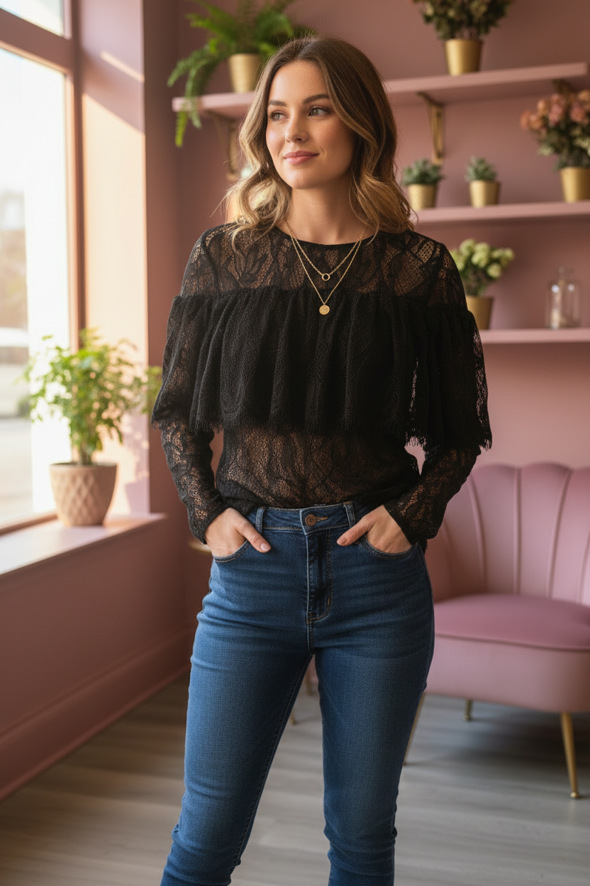 Ink Black Lace Blouse - Casual Style