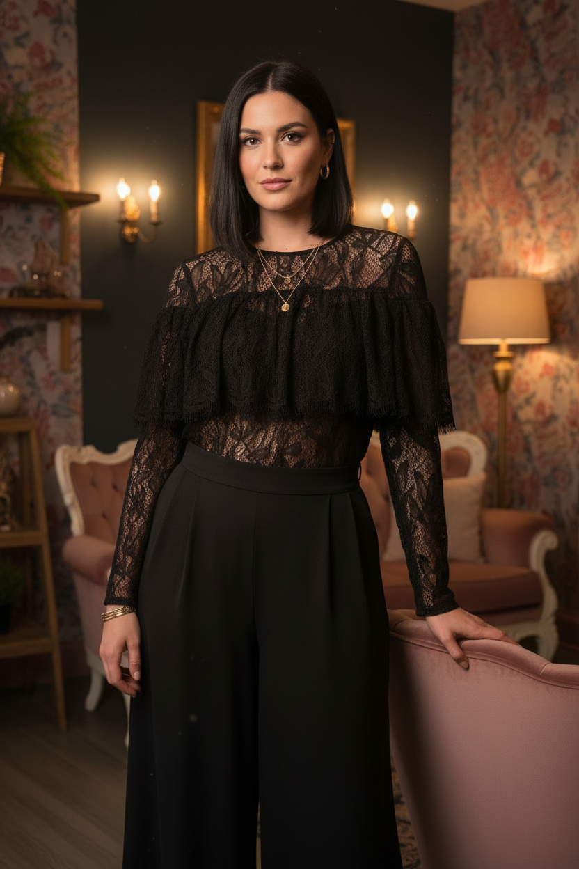 Ink Black Lace Blouse - Evening Style