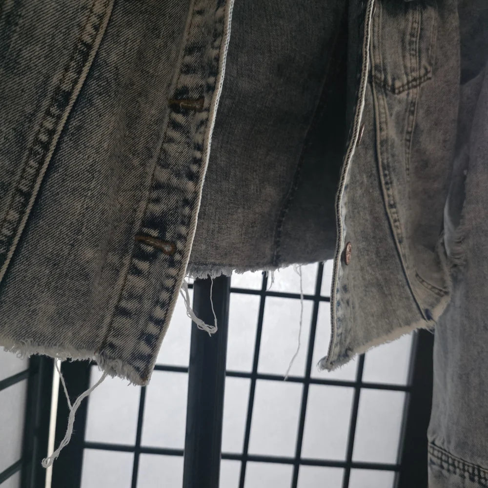 Ci Sono Icy Acid Wash Heavily Distressed Cropped Denim Jacket