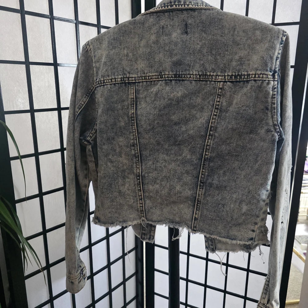 Ci Sono Icy Acid Wash Heavily Distressed Cropped Denim Jacket