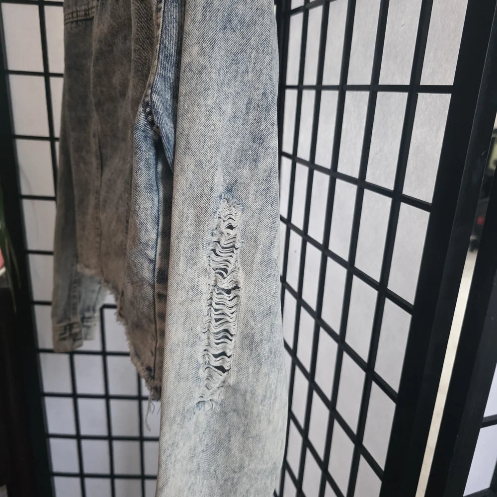 Ci Sono Icy Acid Wash Heavily Distressed Cropped Denim Jacket