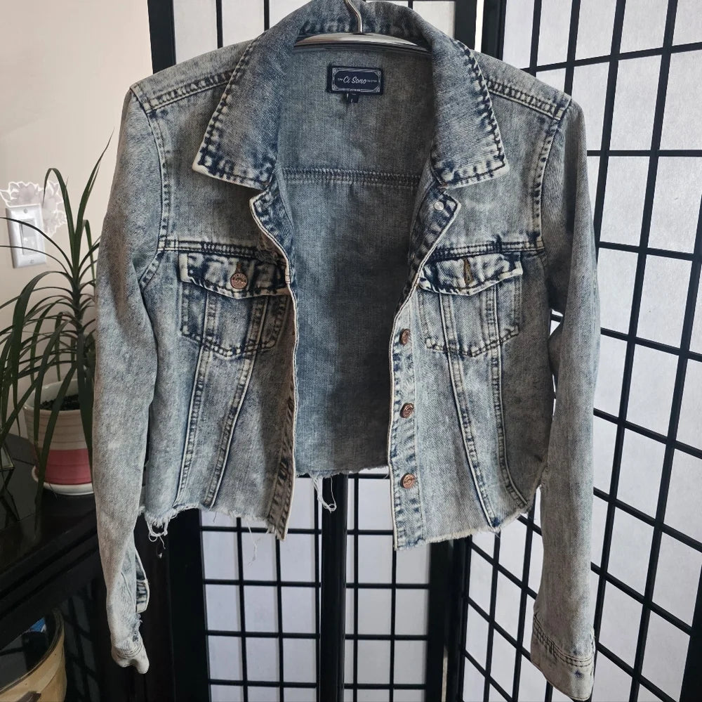 Ci Sono Icy Acid Wash Heavily Distressed Cropped Denim Jacket