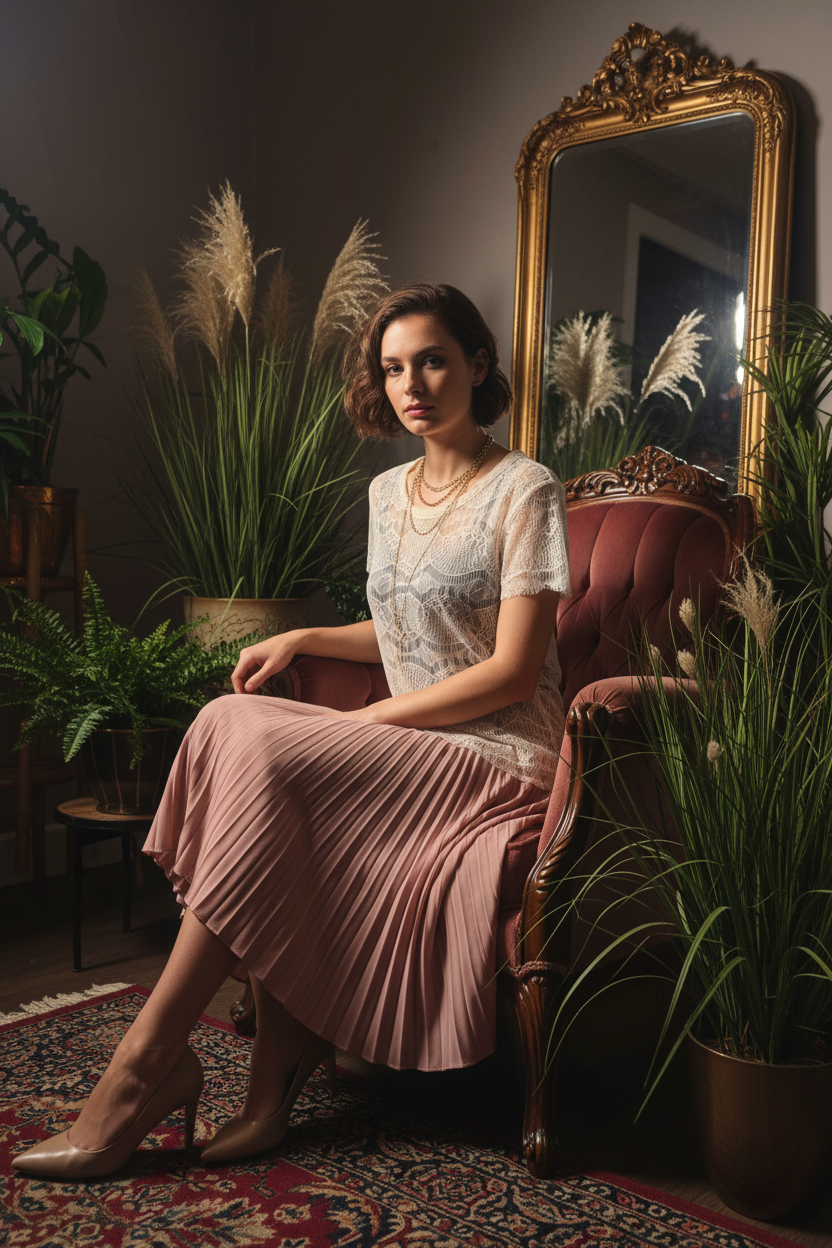 Lace Blouse with Midi Skirt - Seated Pose
