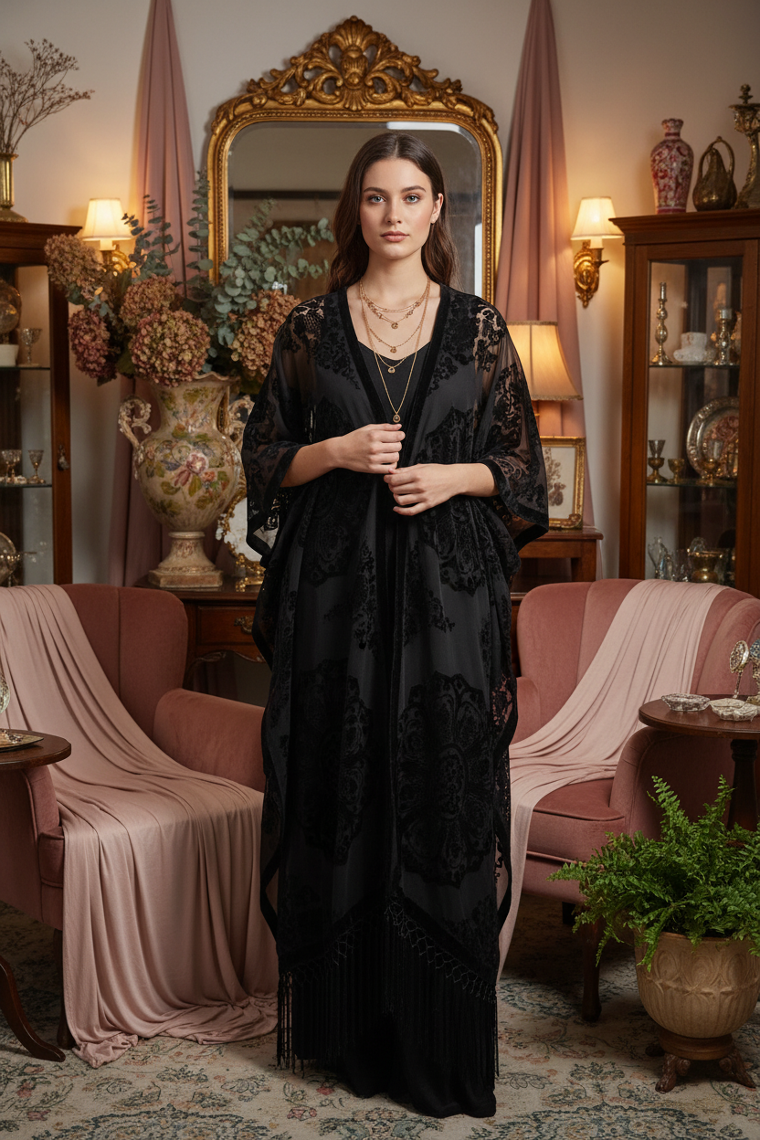 Midnight Reverie Velvet Kimono Model Shot