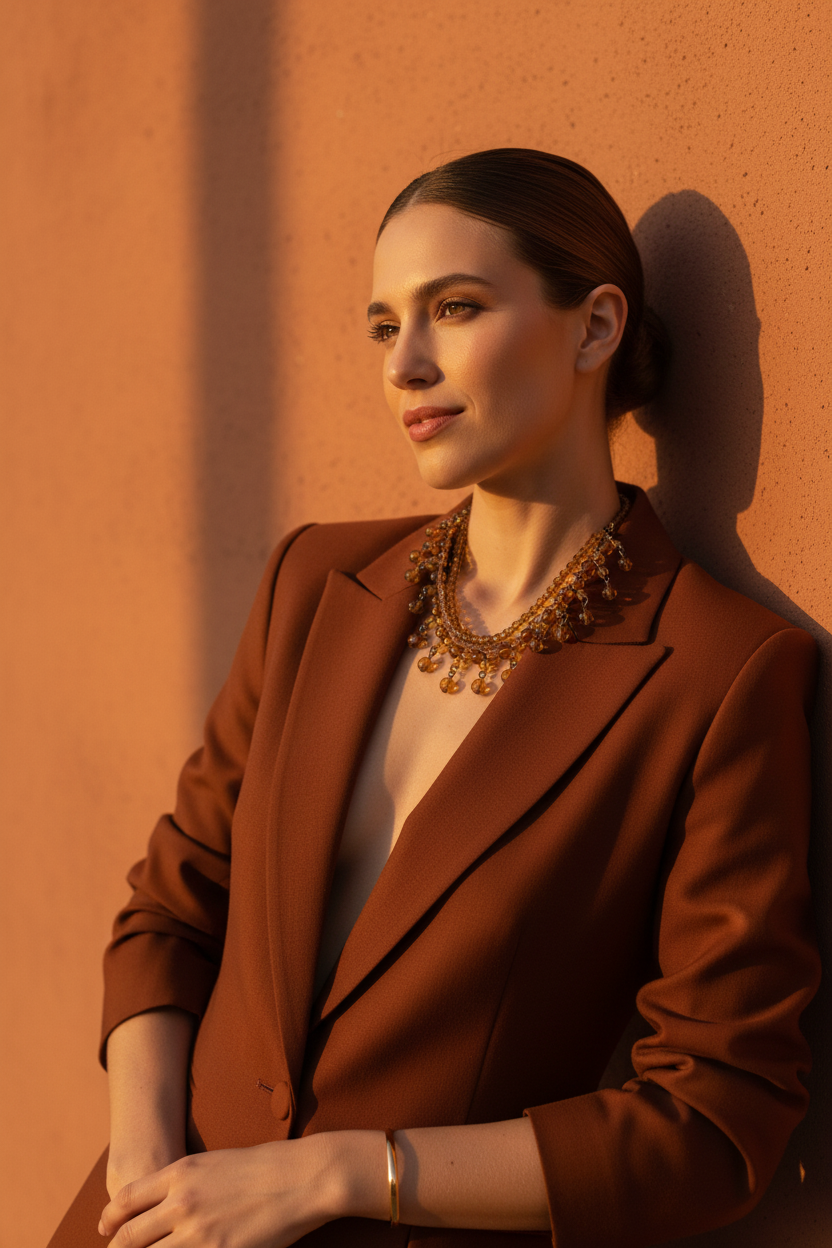 Model 3 — Cognac blazer, terracotta wall