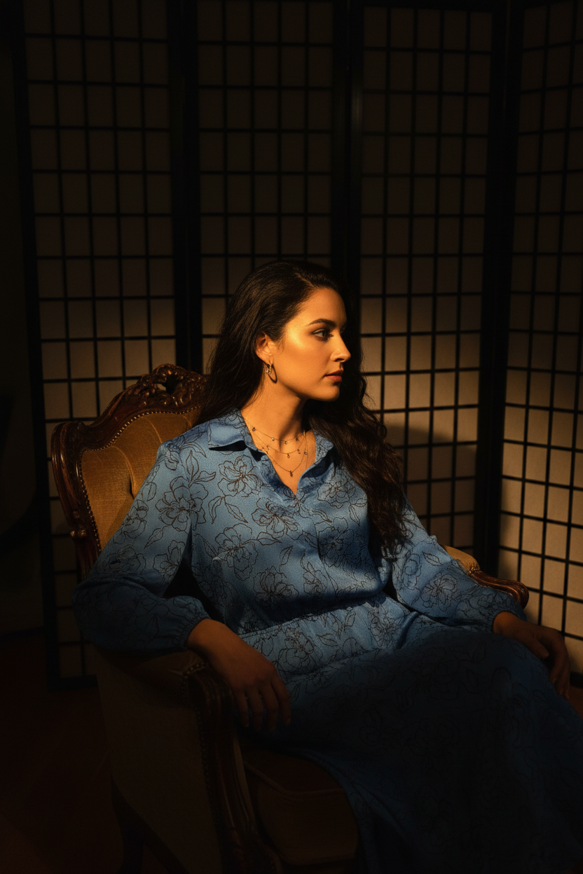 Model in Azure Dress - Seated Pose