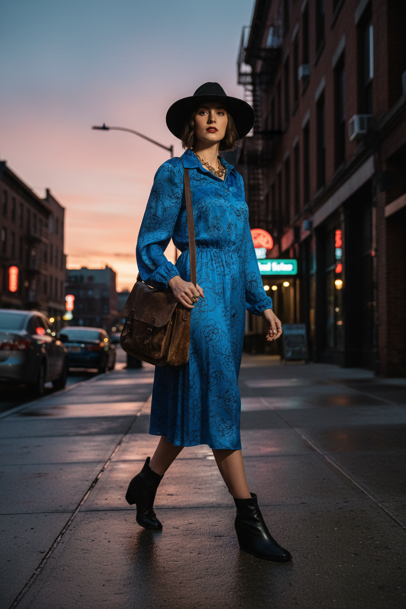 Model in Azure Dress - Walking Pose
