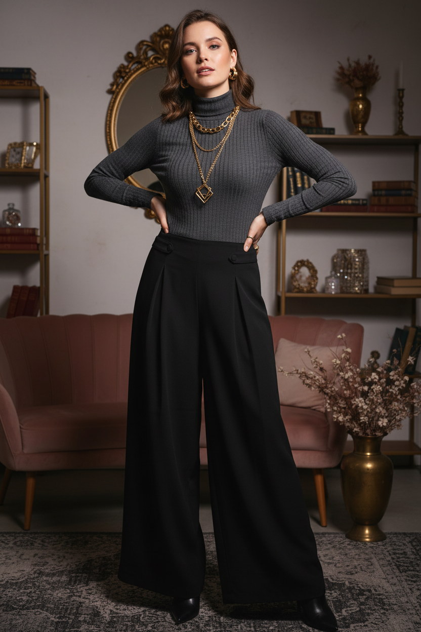 Model in black palazzo trousers - sophisticated styling