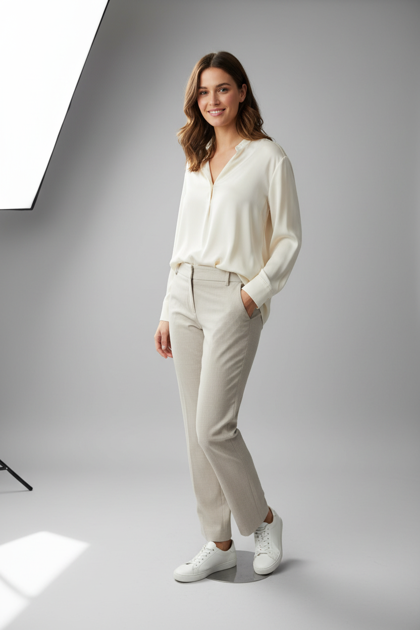 Model in Champagne Trousers - Casual Pose