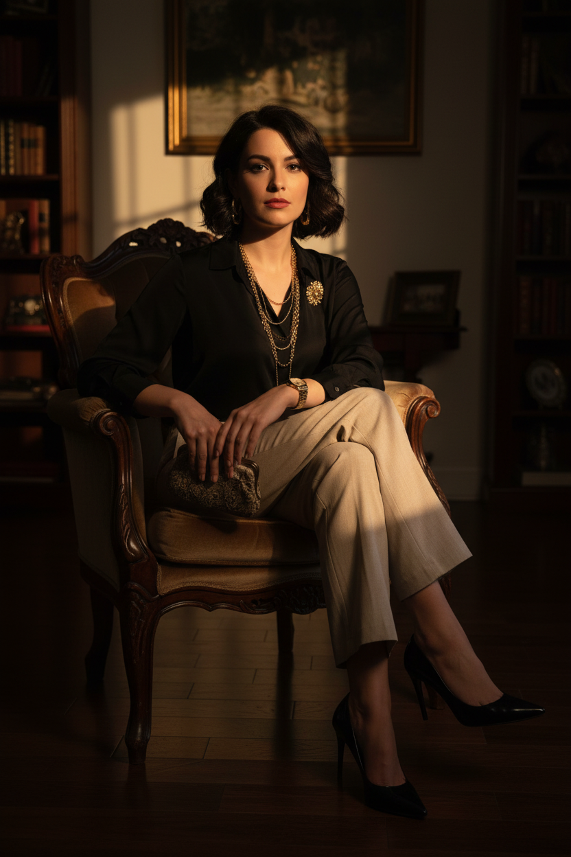 Model in Champagne Trousers - Seated Pose