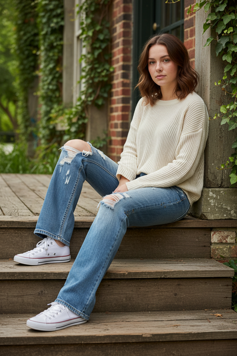 Model in Distressed Denim - Outdoor Lifestyle