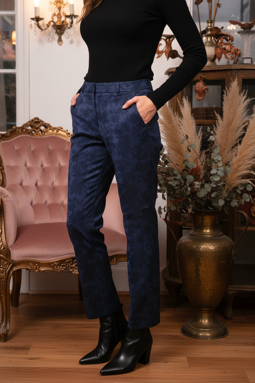 Model in navy floral jacquard trousers - casual styling