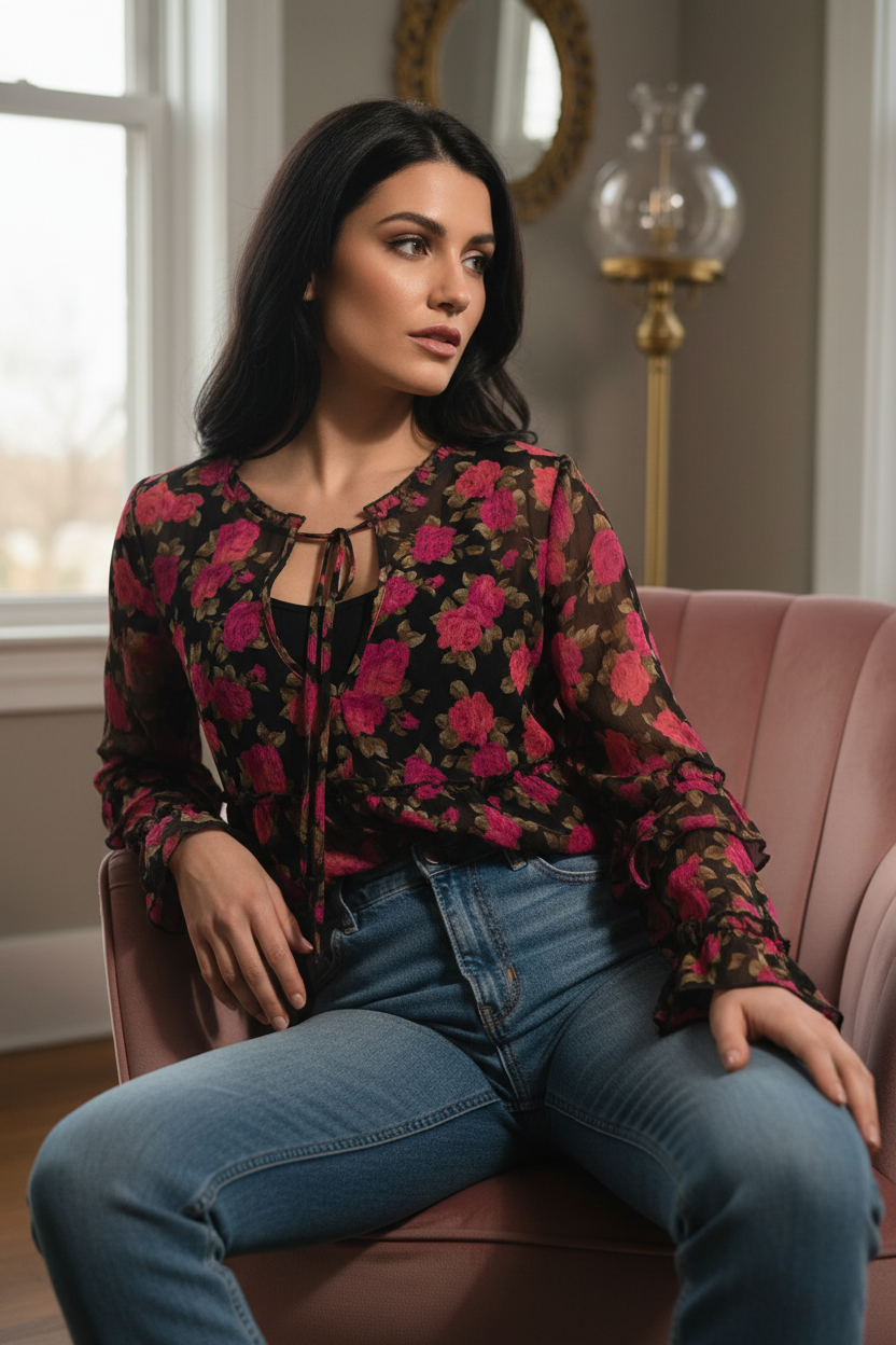 Model wearing floral blouse with denim